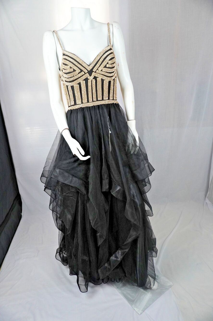 Witness Of Love Black/Gold Beaded Prom Gown Tiered Ruflle Tulle Ballgown Sz14NWT